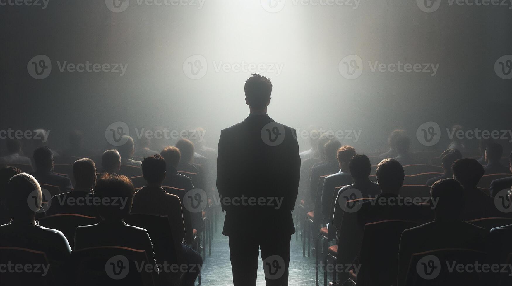 This lawyer speaks at a podium as an attentive audience listens at a conference. photo