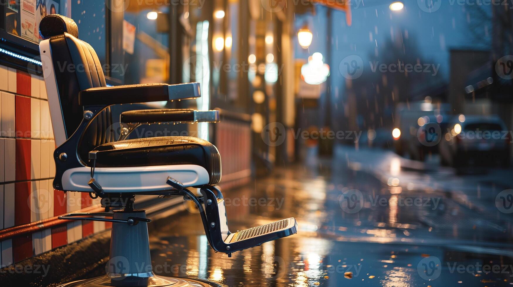 This barbershop chair sits in the rain, reflecting nearby lights as it awaits clients. photo