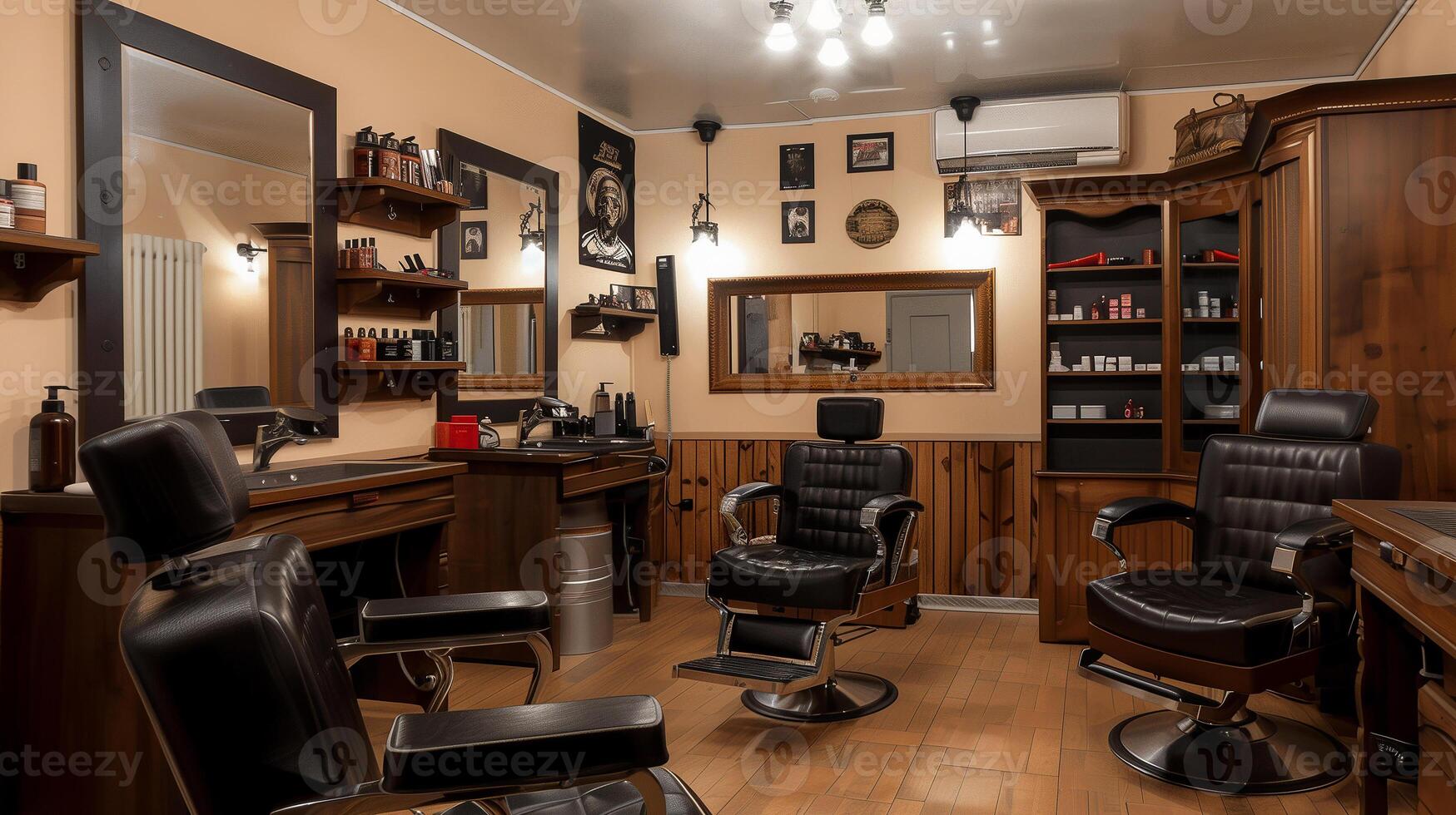 This Well-designed barbershop displays professional grooming tools and chairs for shaving and beard care. photo