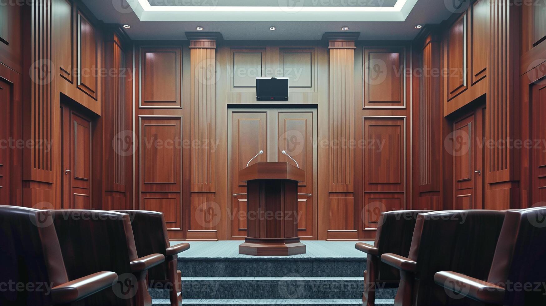 This well-equipped conference room with a podium awaits speakers for an advocacy event focused on law. photo