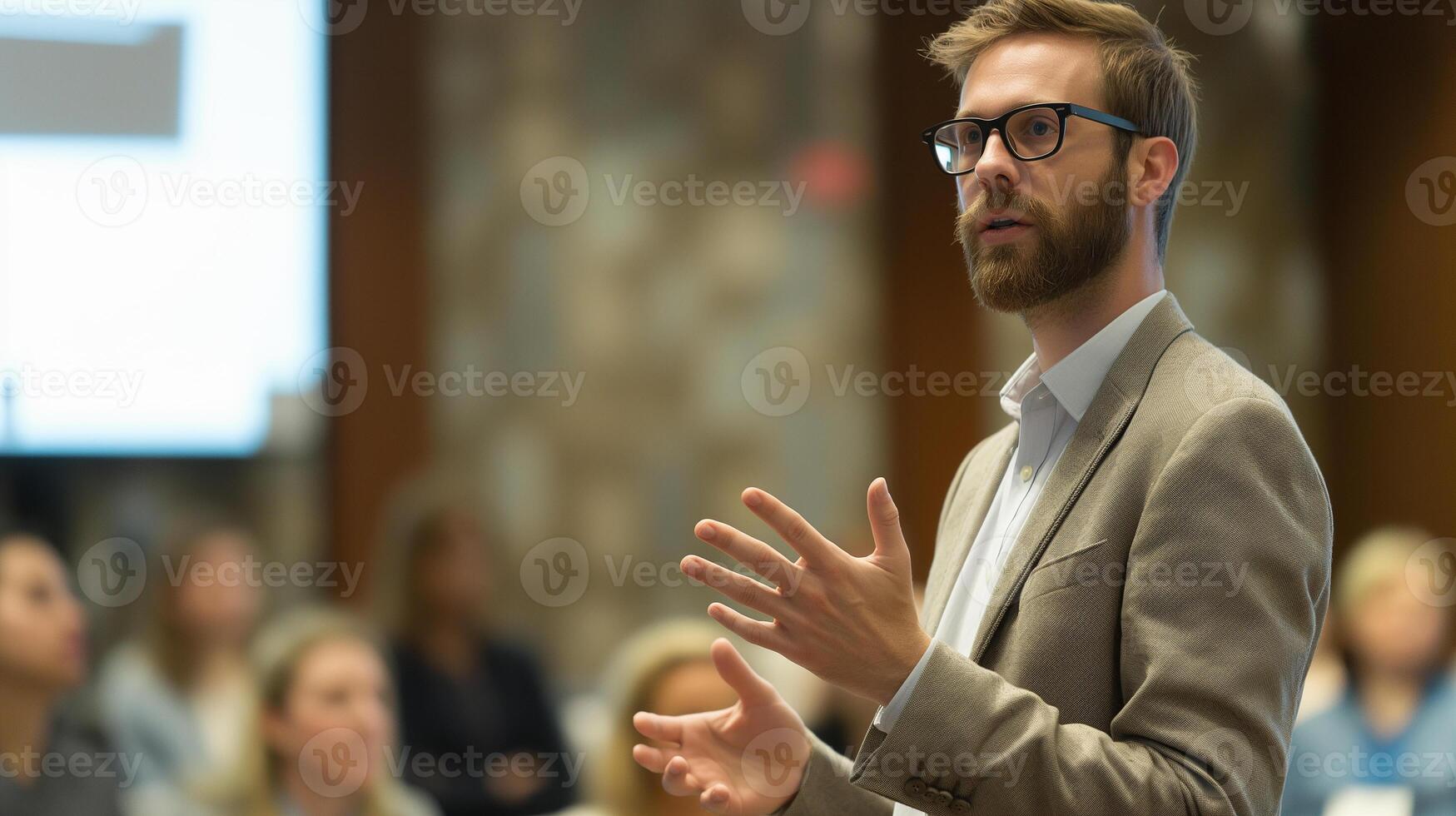This speaker engages an audience at a conference about AI's role in law and advocacy practices. photo