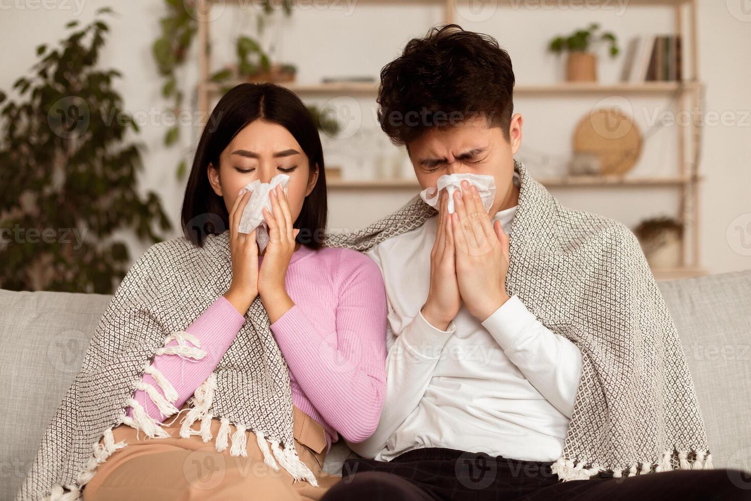Ill Asian Couple Having Cold, Blowing Nose Sneezing In Paper Tissue Sitting On Couch At Home Feeling Unwell. Rhinitis And Seasonal Allergy, Flu Illness. Family On Sick Leave Self-Isolation Concept photo