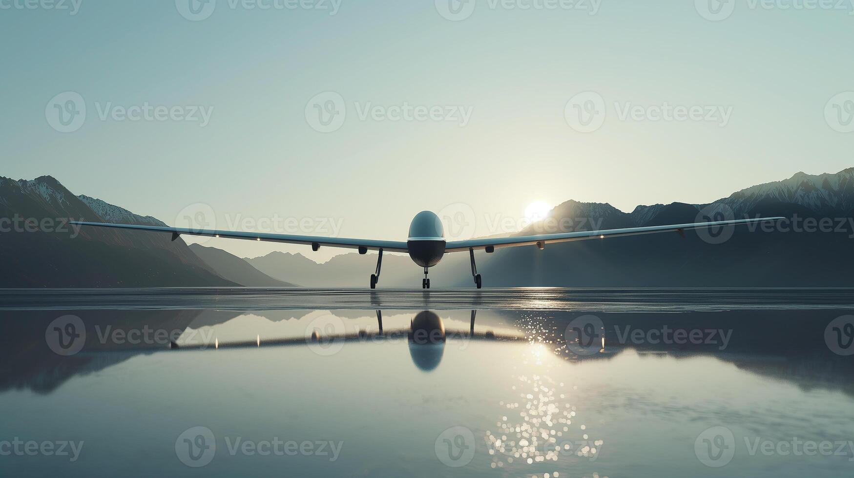 This drone awaits on the water as the sun rises behind the mountains, reflecting softly. photo
