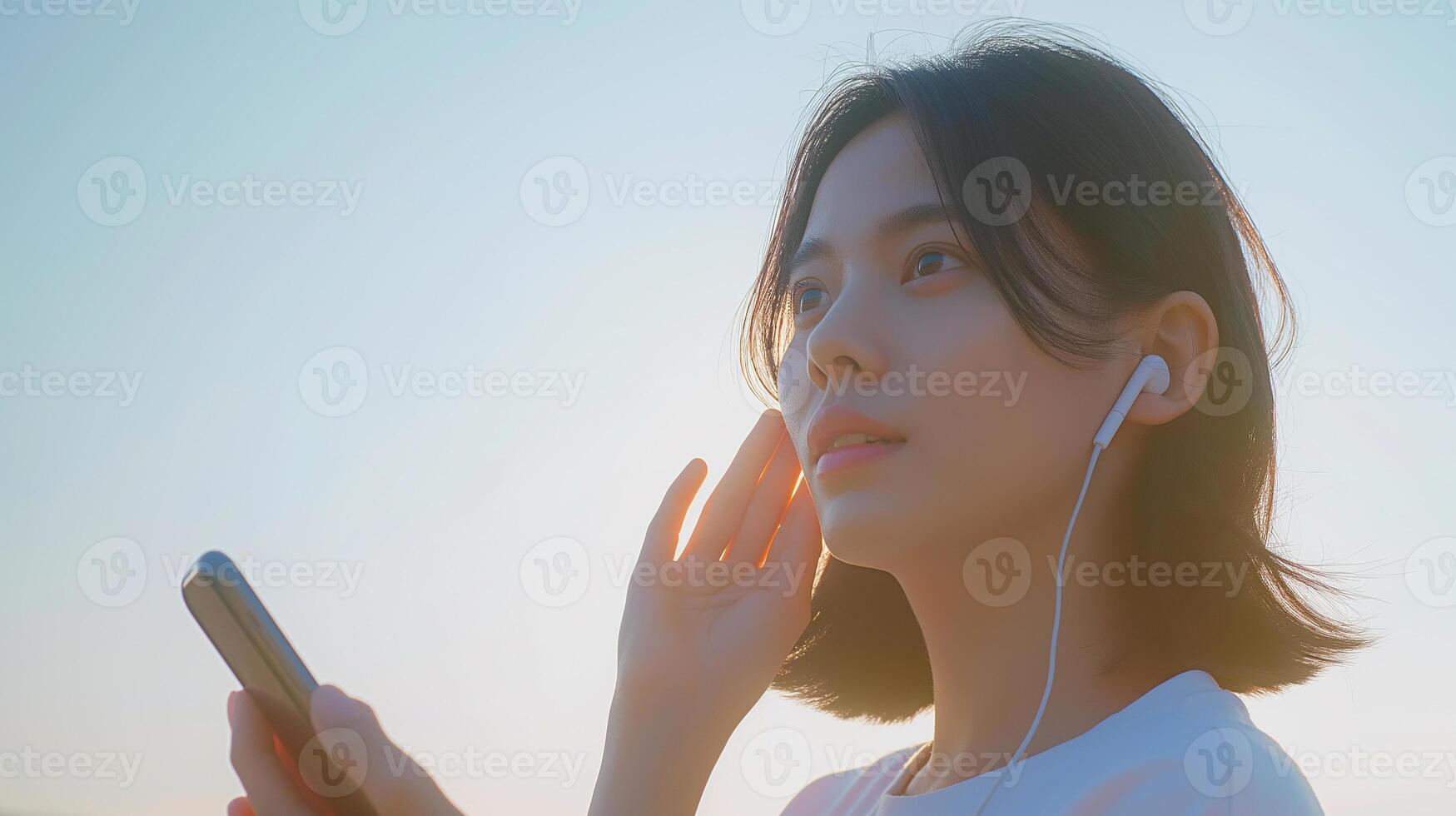 This Individual is talking on a phone while wearing headphones and enjoying a beautiful sunset. photo