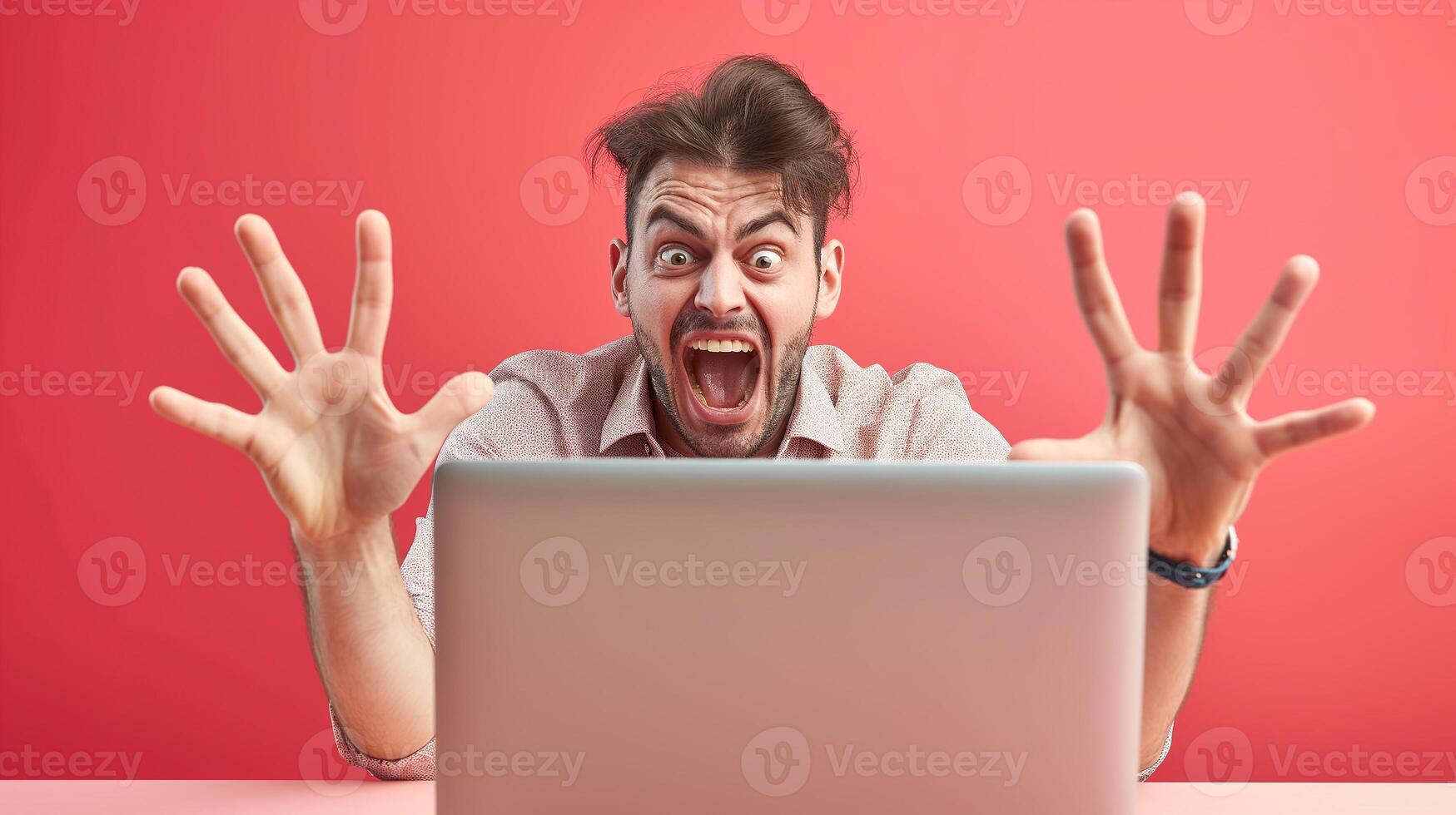 This Person expresses intense excitement during a chat, gesturing wildly with hands. photo