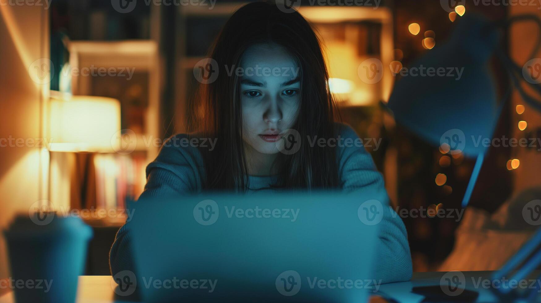 This focused person is talking on a chat while wearing a headset in a dimly lit room. photo