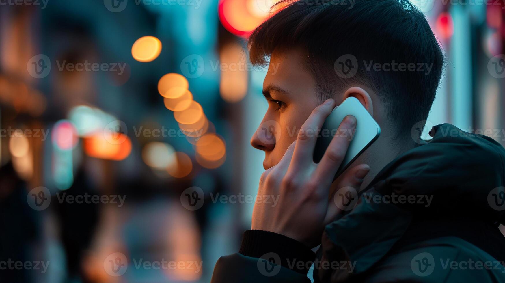 This Individual is speaking on a smartphone, surrounded by city lights and activity during dusk. photo