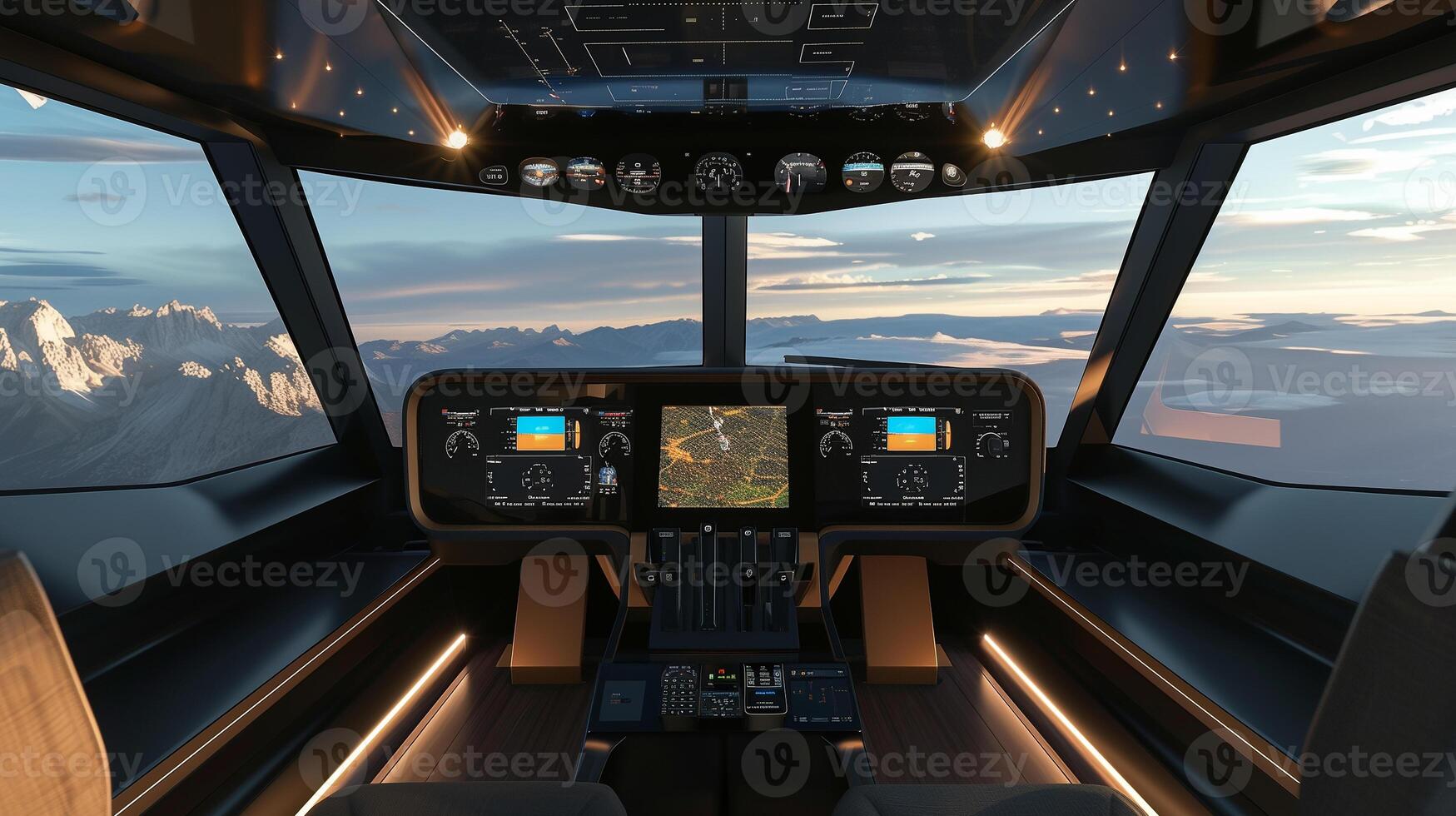 This High-tech cockpit overlooks a stunning mountain landscape at sunset. photo