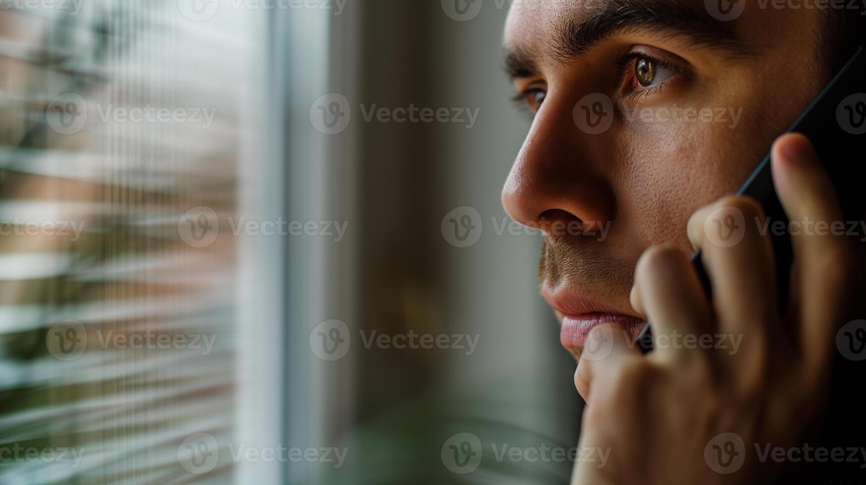 This man is intently conversing on his phone, possibly during a call, while looking out a window. photo