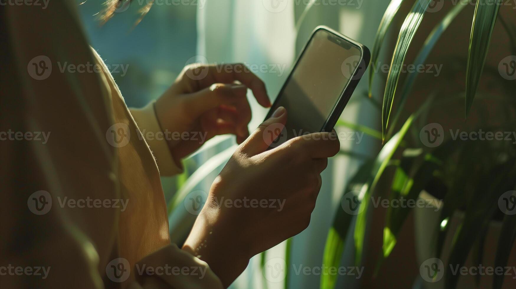 This Person uses a phone for a call and chat, wearing a headset in a bright, cozy space. photo