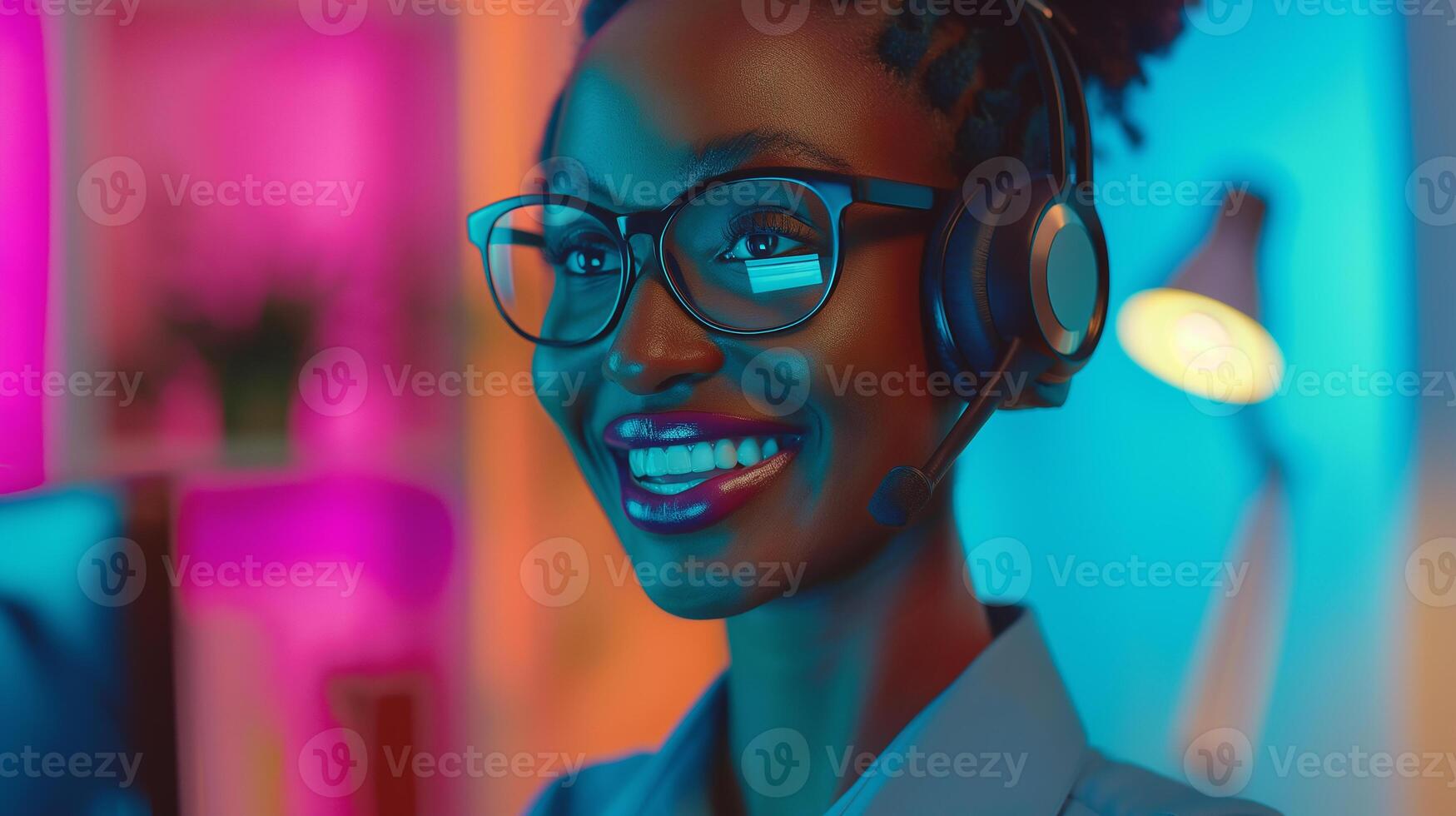 This person is happily talking on a chat, wearing a headset, with colorful lights around. photo