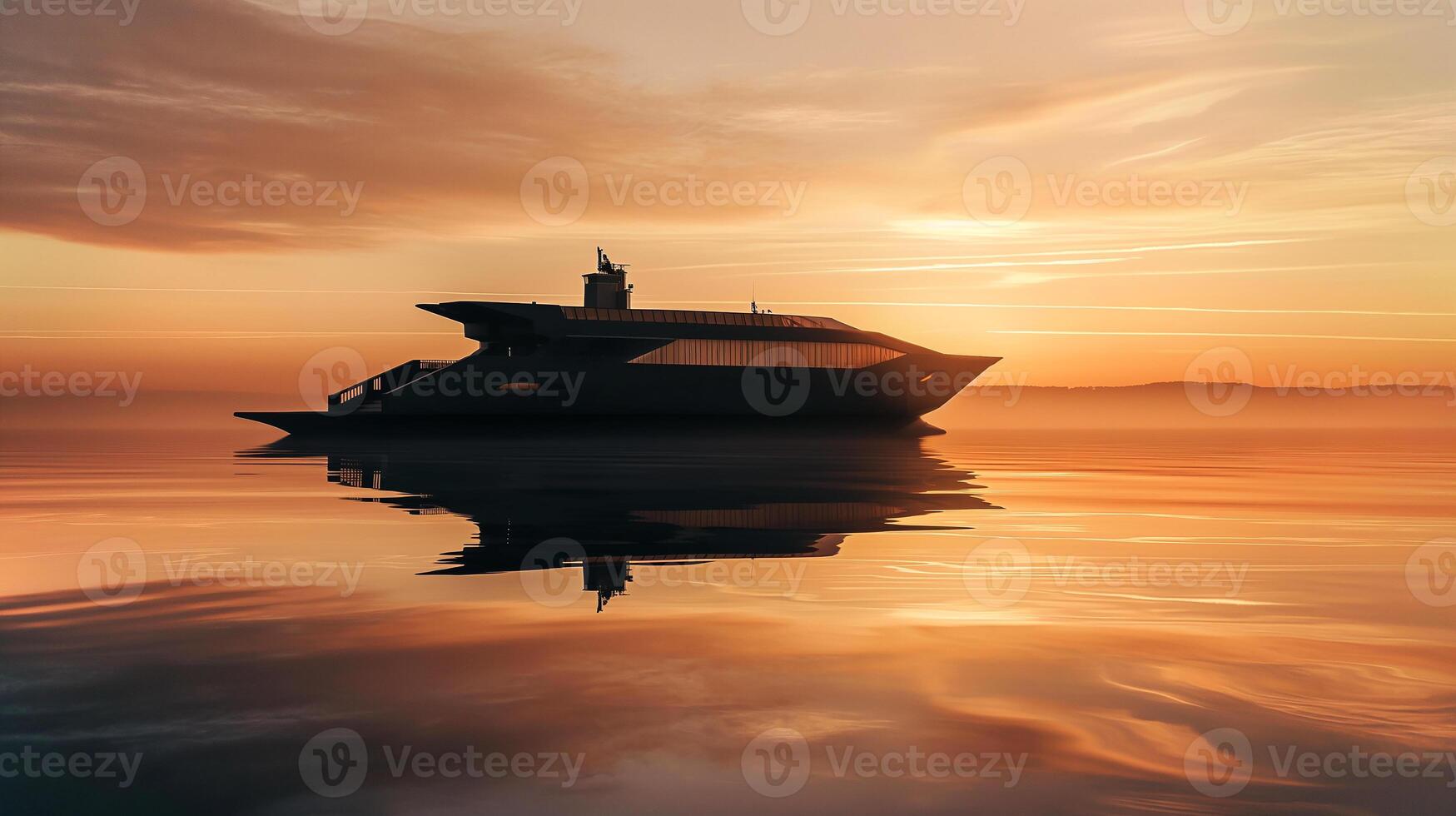 This sleek, modern vessel navigates calm waters during sunset, reflecting hues of orange and gold. photo