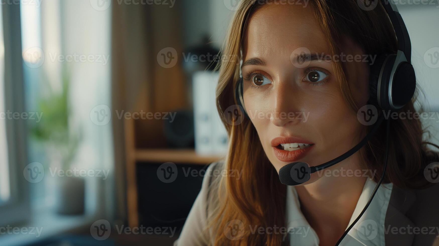 This person actively participates in a call using a headset in a bright, contemporary office. photo