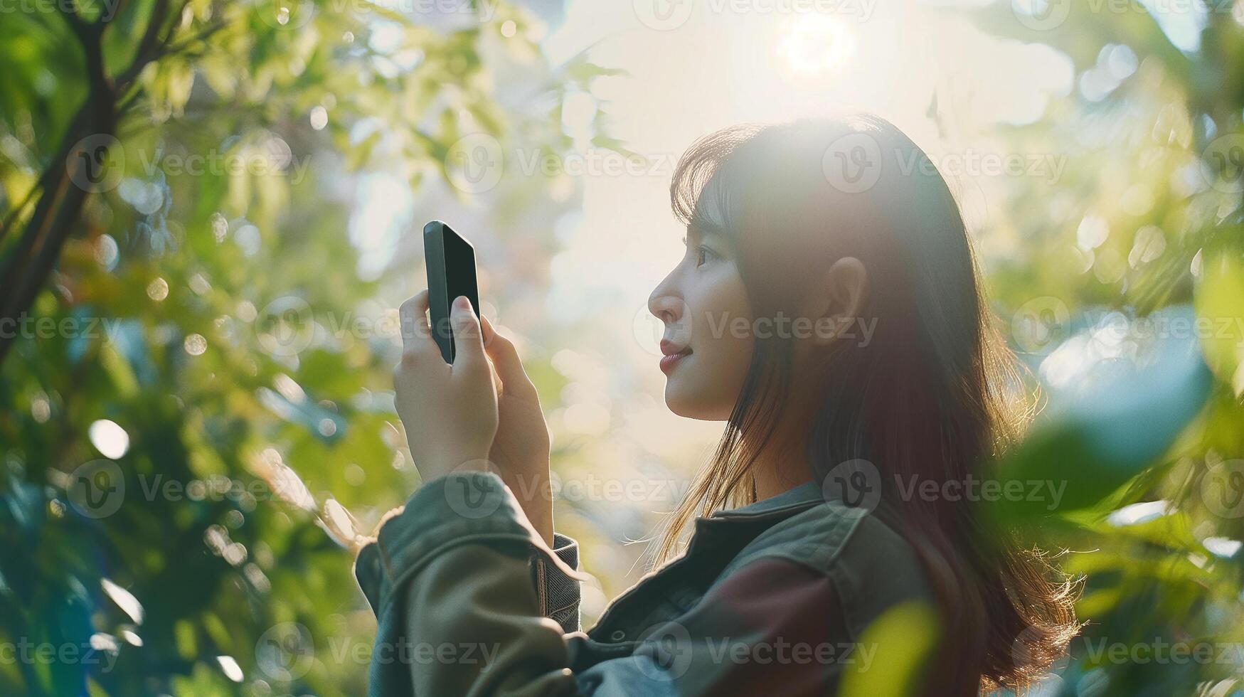 This Individual is talking on a phone during a call in a vibrant outdoor setting. photo