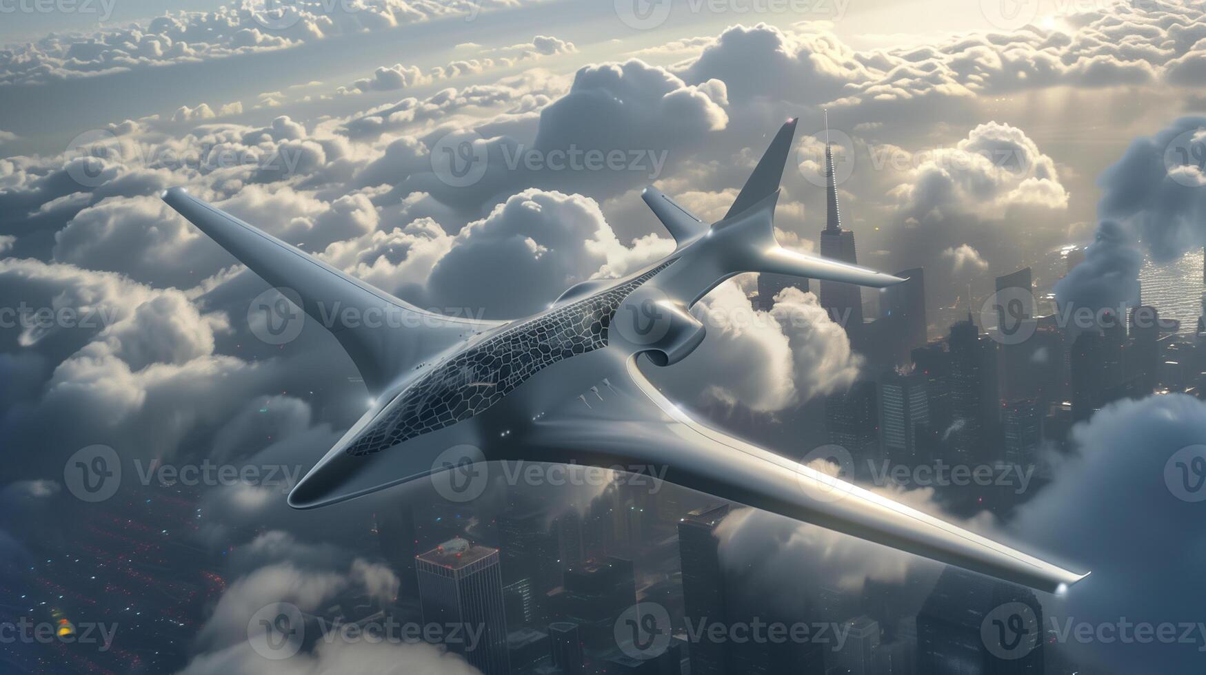 This sleek aircraft glides above a bustling urban landscape with majestic clouds in the background. photo