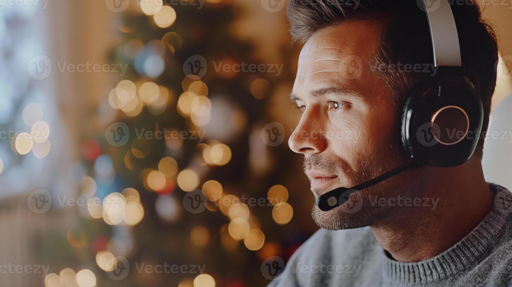 This man is talking on a phone call with a headset, surrounded by warm holiday decorations and lights. photo