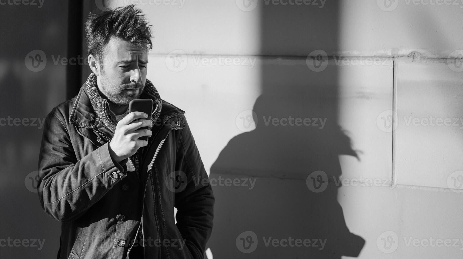 This man appears focused as he speaks into a phone headset, engaged in a call outside. photo
