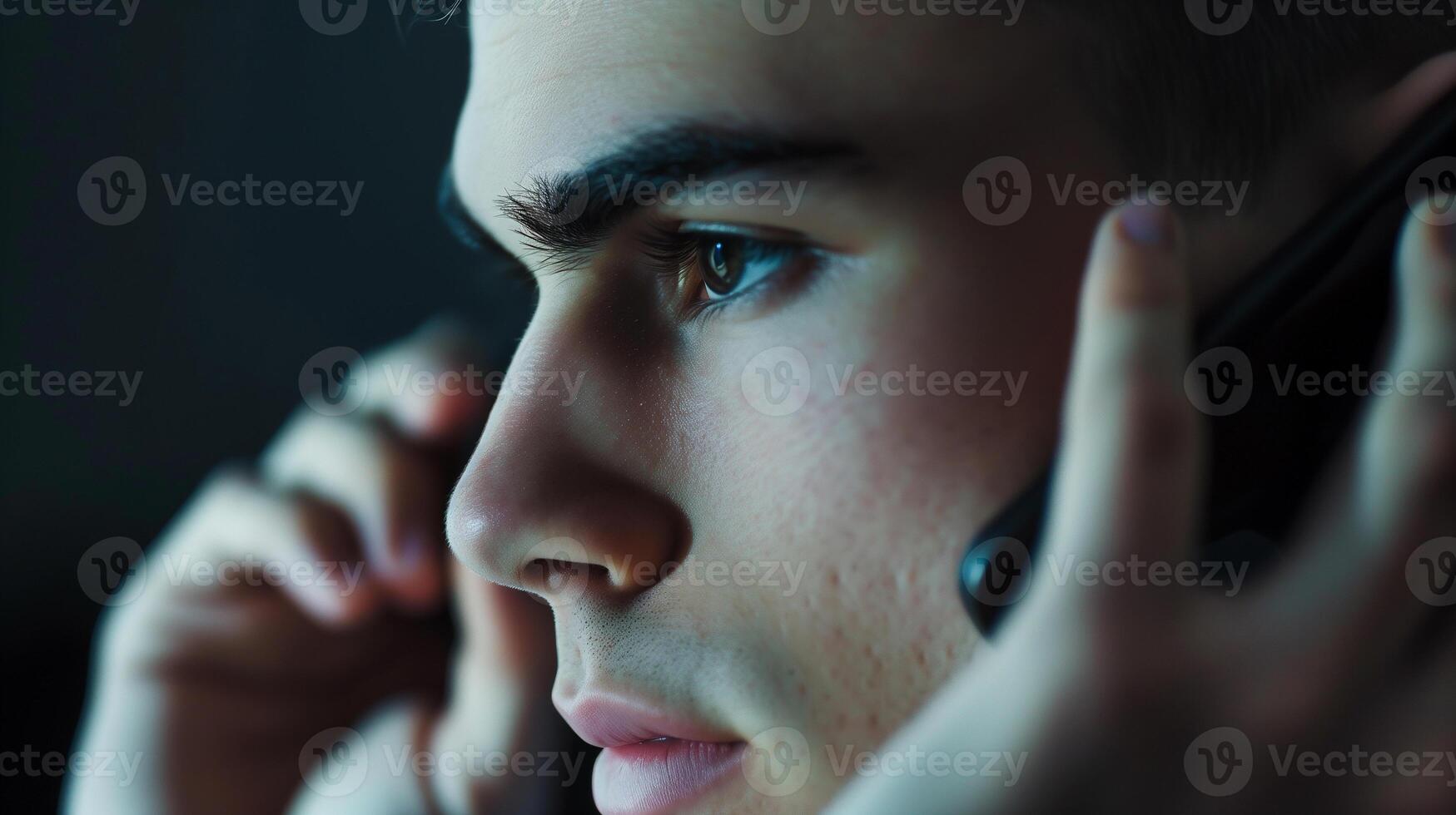 This Young individual communicates via a headset, engaged in a lively chat conversation. photo