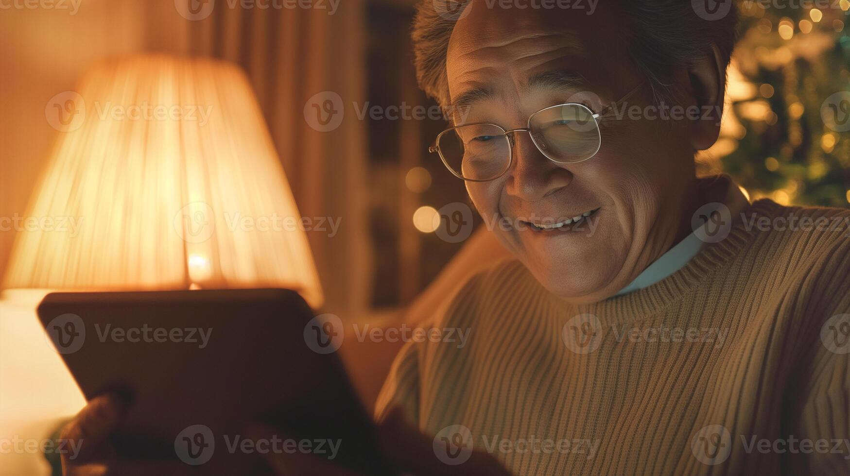 This Man smiles while engaging in a call using his tablet in a warm, inviting setting. photo