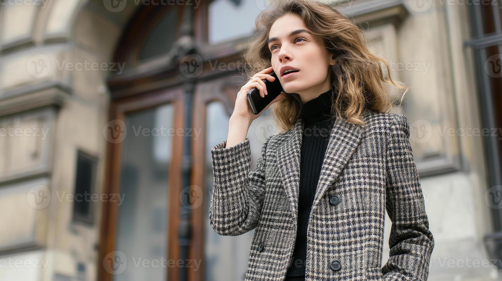 This person engages in a phone call while standing outside a classic building, dressed professionally. photo