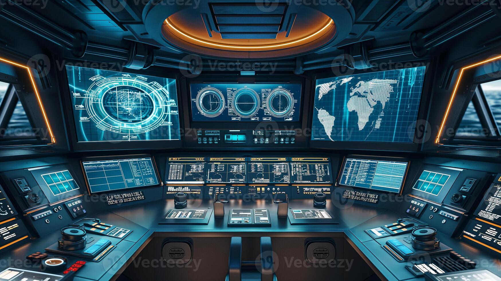 This Advanced control room features high-tech screens displaying real-time data on transport systems. photo