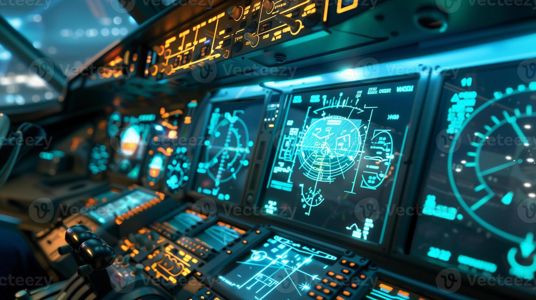 This Modern cockpit displays show automation in aviation for improved transport efficiency. photo