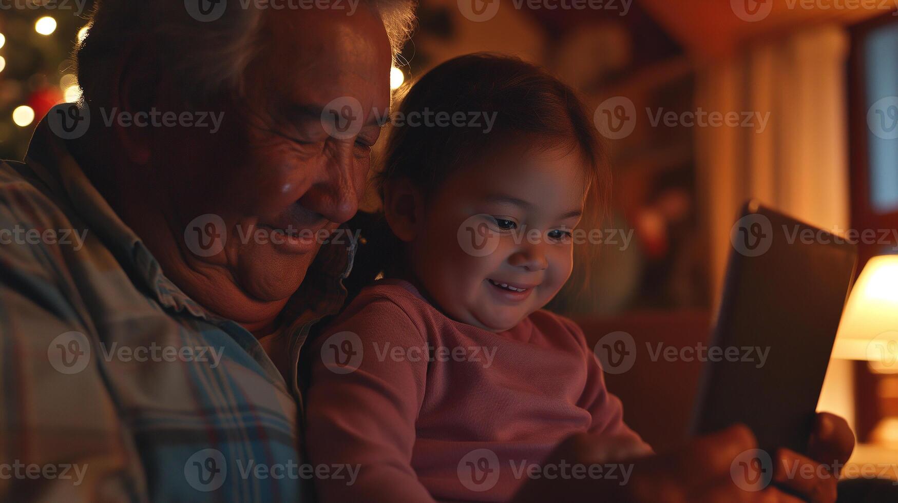 This grandfather and his granddaughter connect through a call, sharing smiles and joy at home. photo