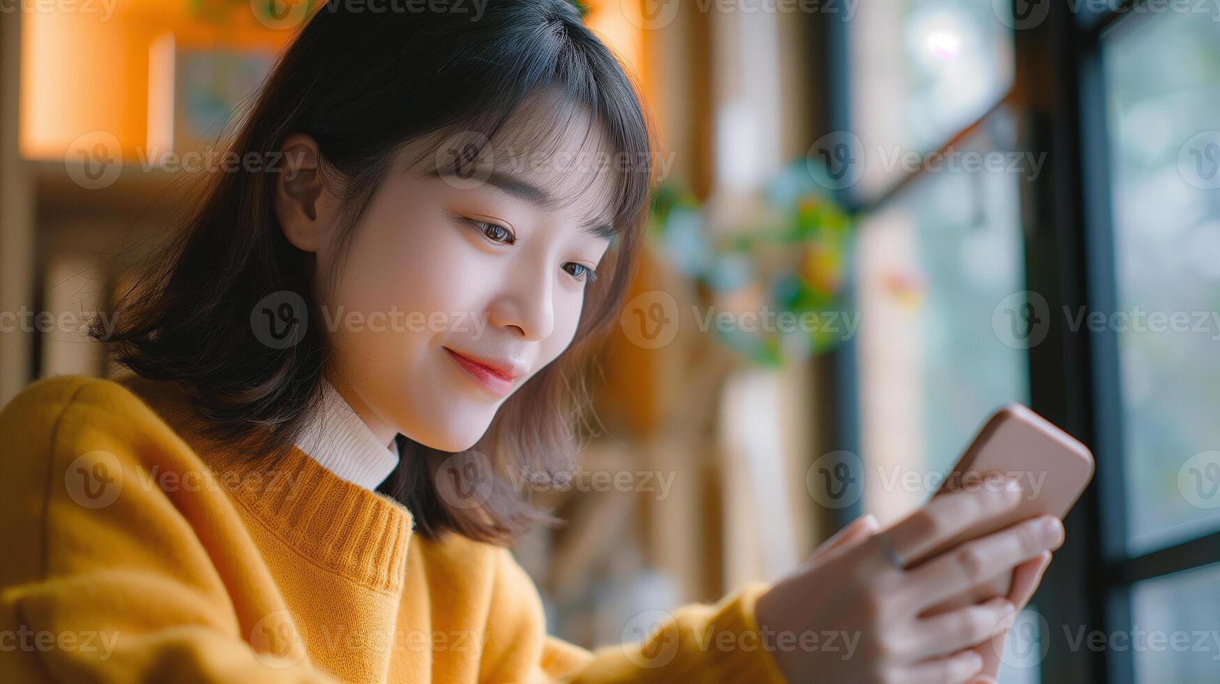 This young woman enjoys chatting on her phone, smiling as she participates in a call. photo