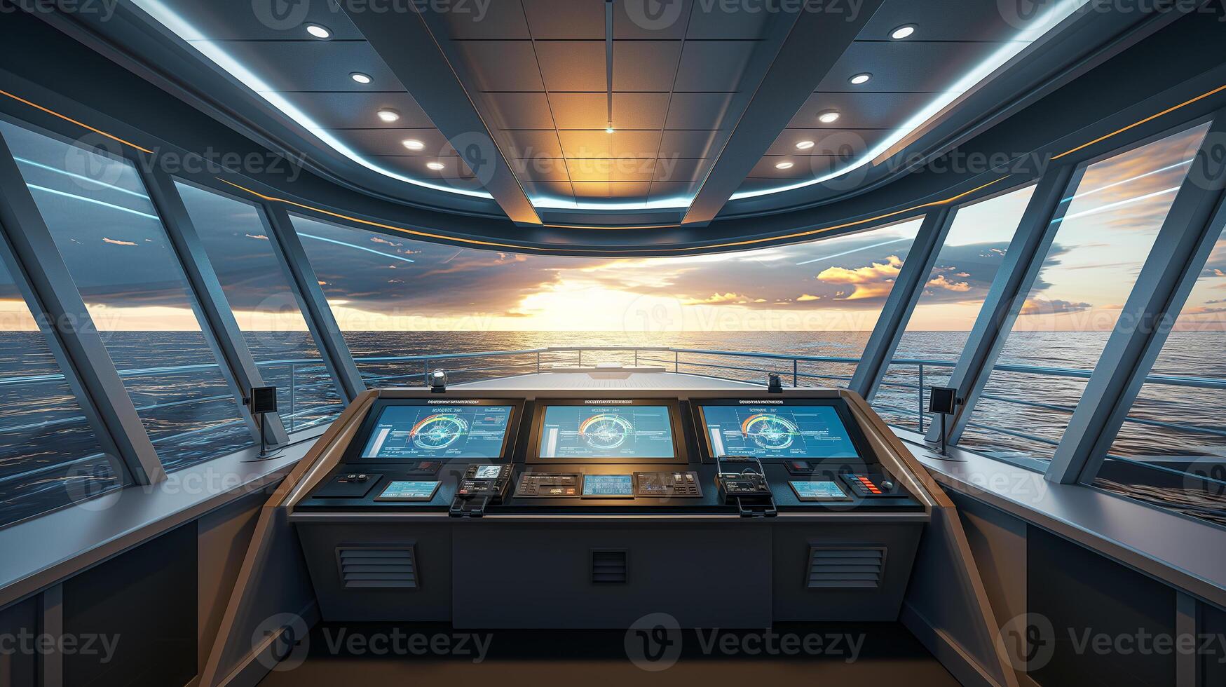 This modern maritime control room features advanced technology overlooking the ocean during sunset. photo