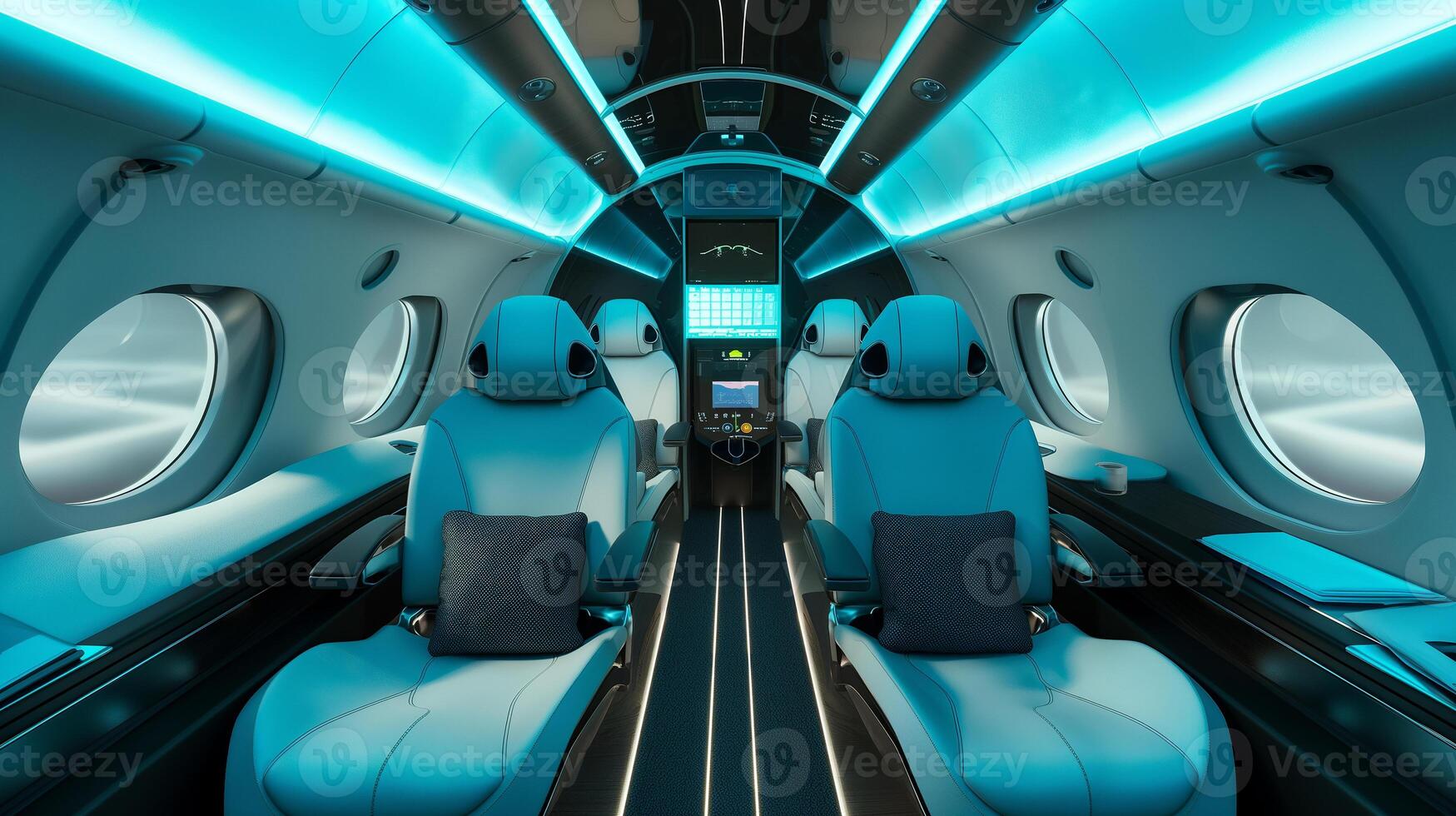 This sleek, futuristic aircraft cabin highlights advanced technology and automation features. photo
