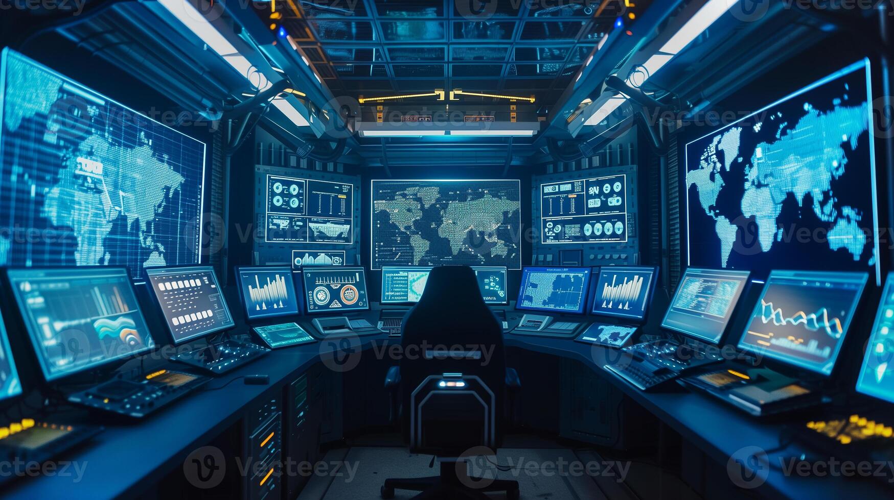 This Multiple screens show data on transport, automation, and mobility in a high-tech control room. photo