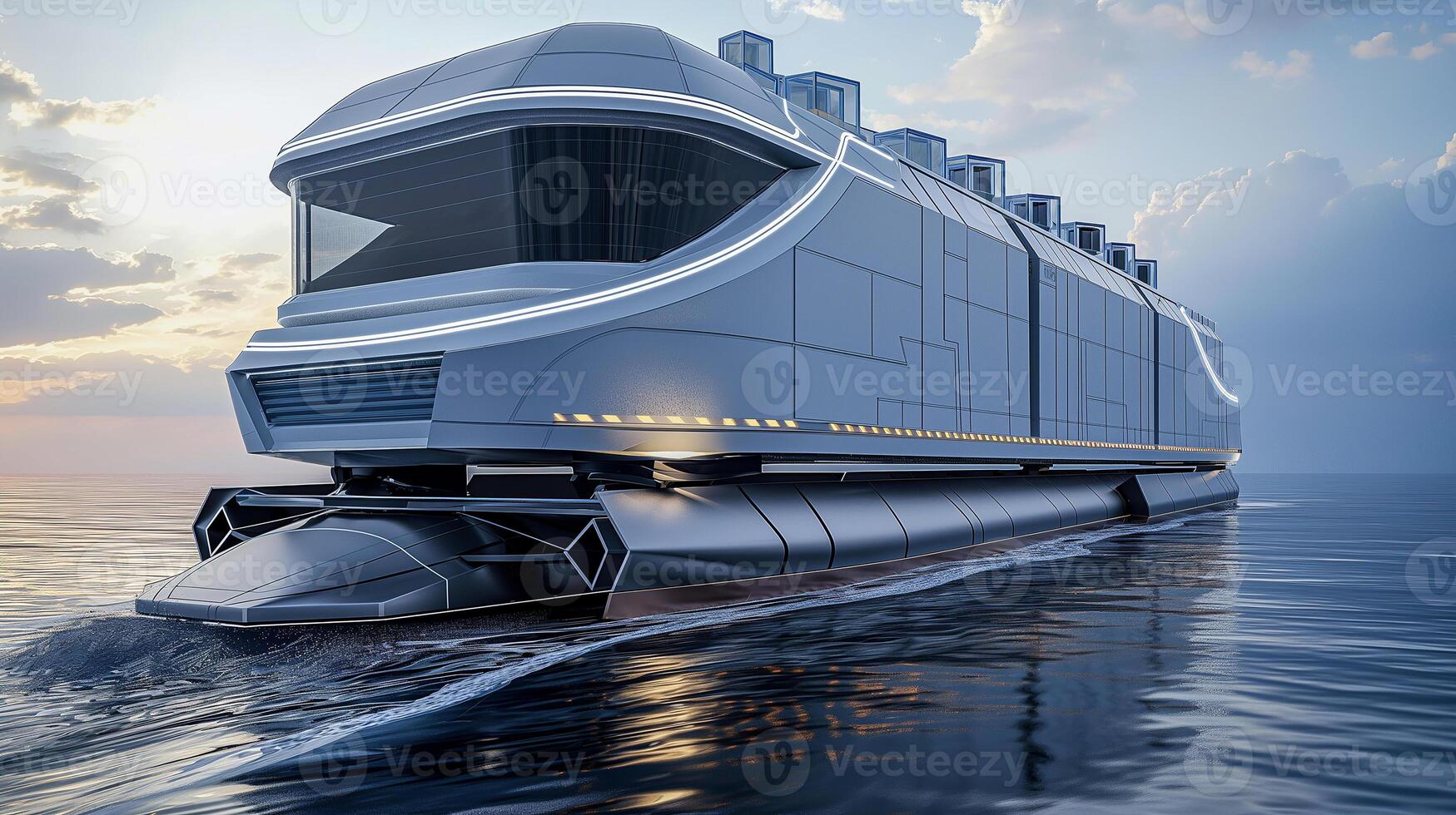 This futuristic transportation vessel glides smoothly across calm waters under an expansive sky. photo