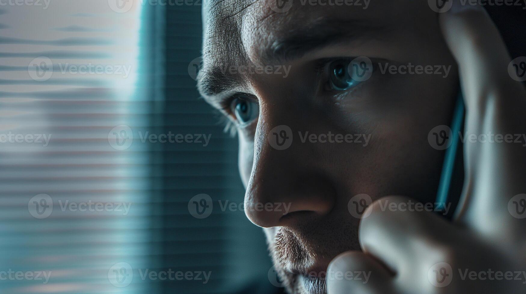 This Individual is talking on the phone with a headset, showing concentration during a late-night call. photo