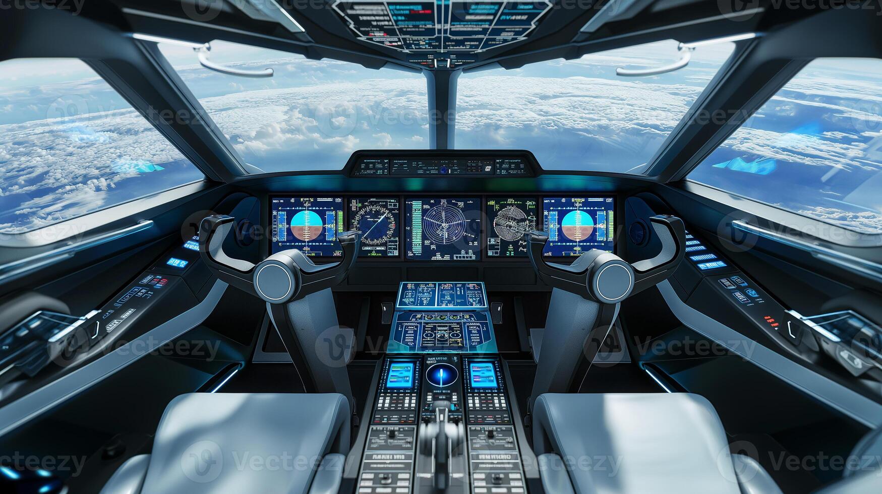 This futuristic cockpit features advanced displays and controls for aviation transport automation. photo