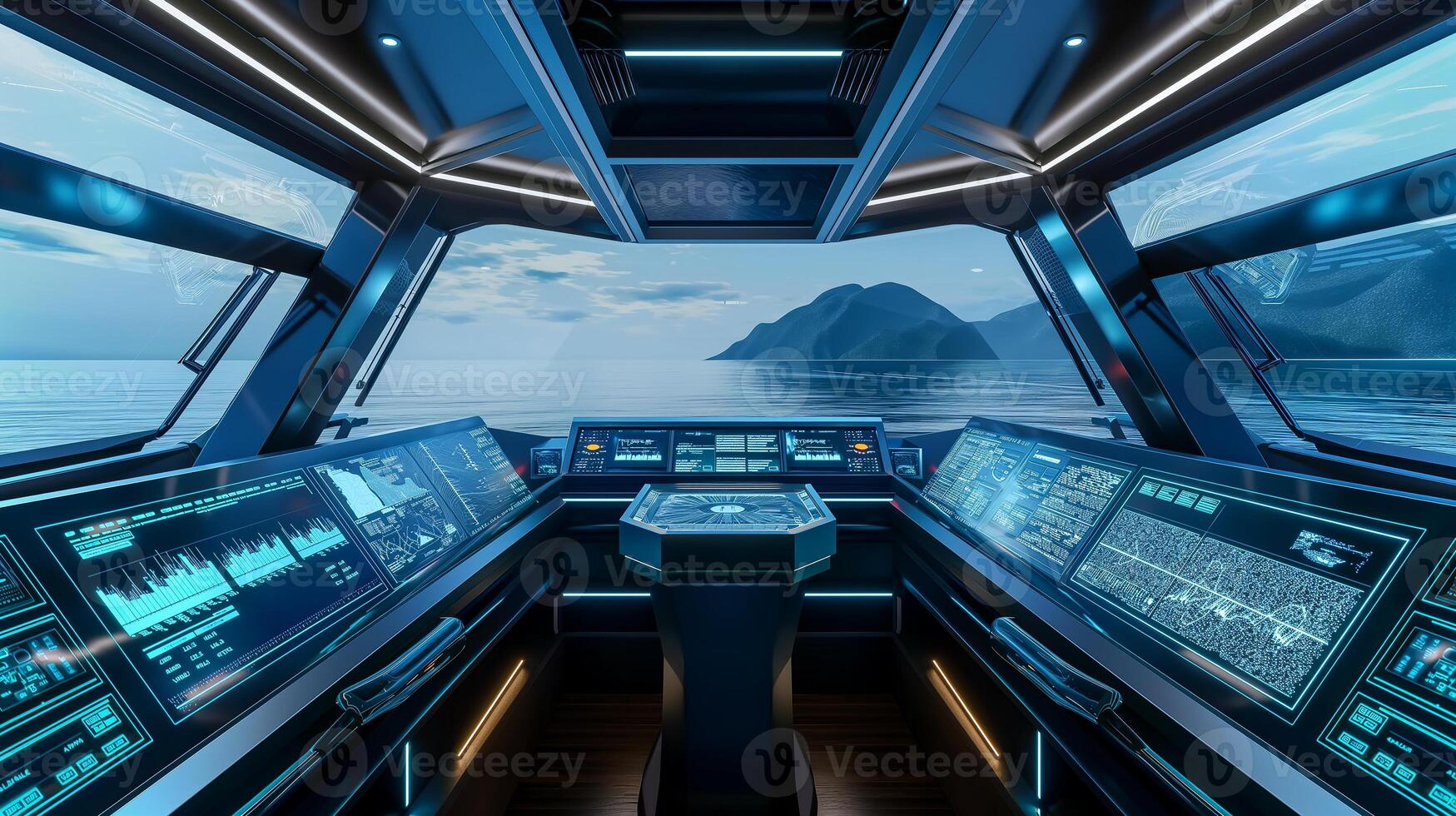 This High-tech control center overlooks calm waters, featuring innovative transport automation. photo