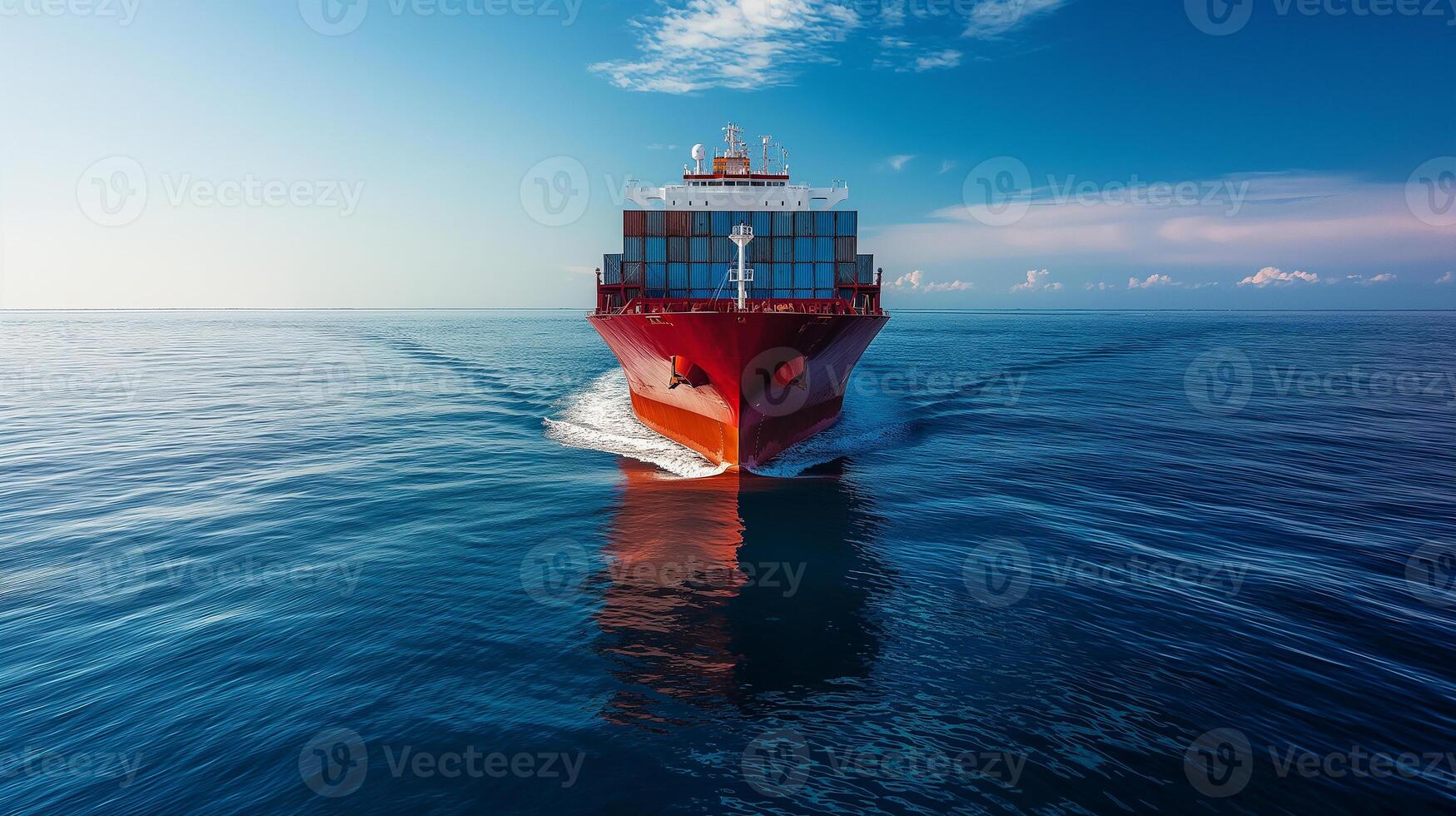 This large cargo ship sails smoothly across tranquil blue waters under a clear sky. photo