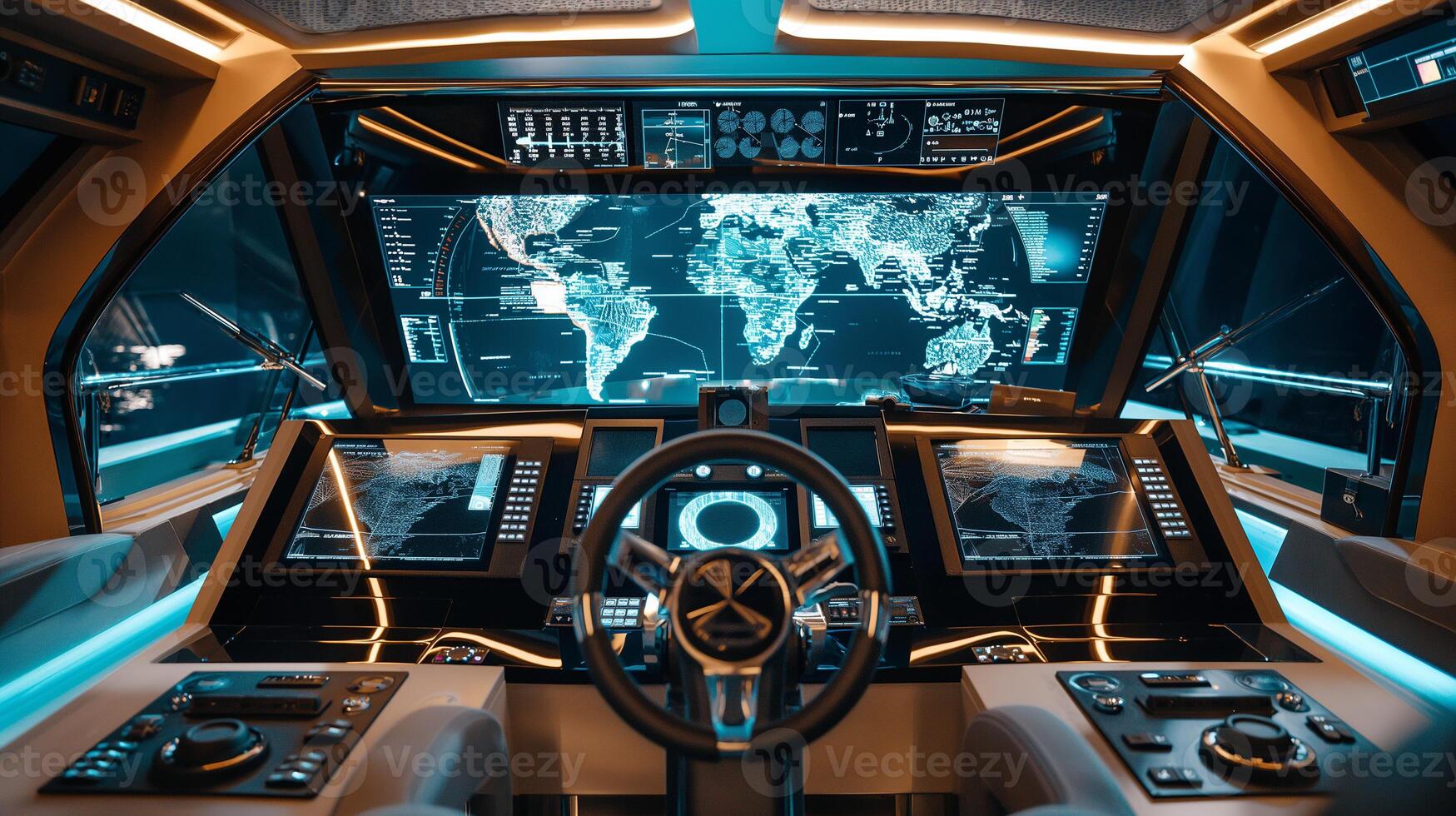 This High-tech cockpit featuring global navigation systems for modern transport integration. photo