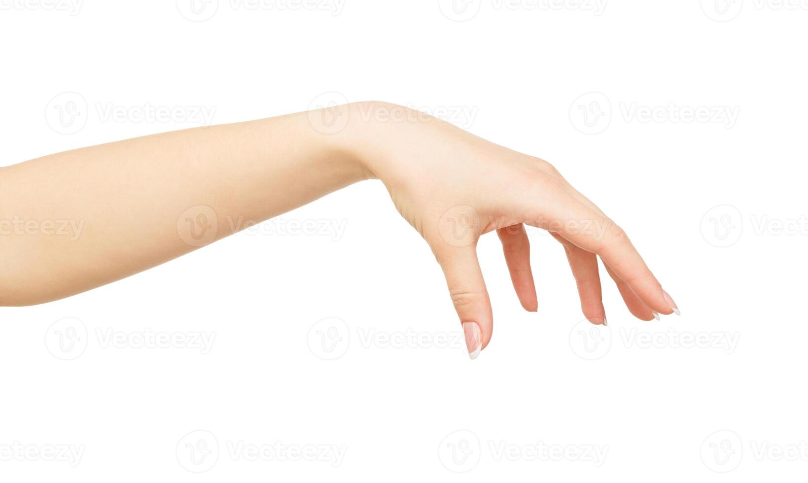 Woman's hand making gesture while grab some items isolated on white background, close-up, cutout, copy space photo