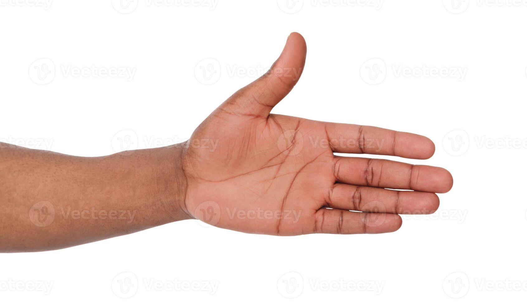 Hand ready for handshake isolated on white background. African american man inviting by open palm, greeting concept photo