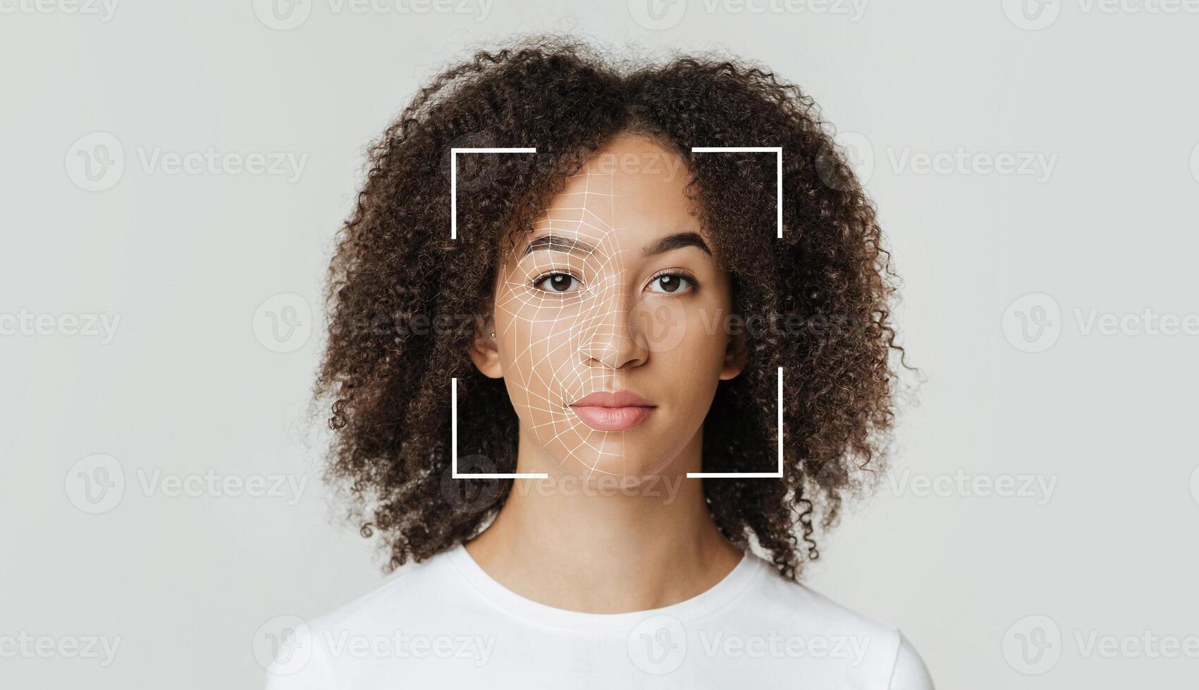 Biometric facial recognition of calm young african american female, isolate on gray background, copy space, panorama. Future tech, face detection, scanning, secure system and id biometric, collage photo
