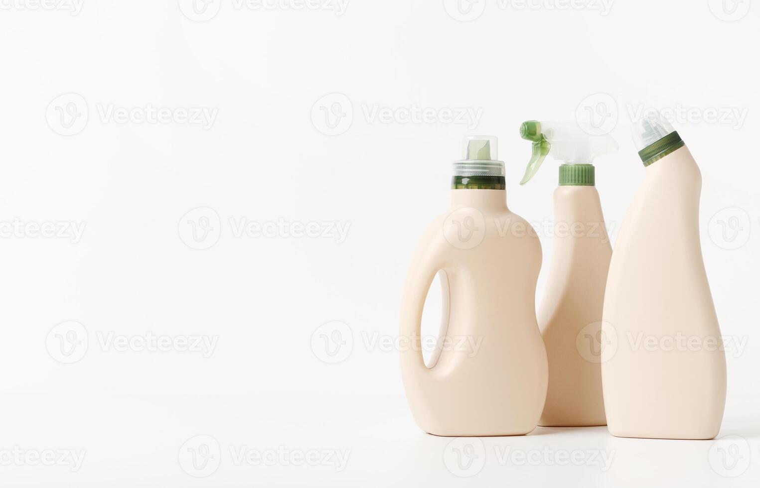 Eco Design of plastic bottles packaging of laundry and cleaning detergent on white background, copy space photo