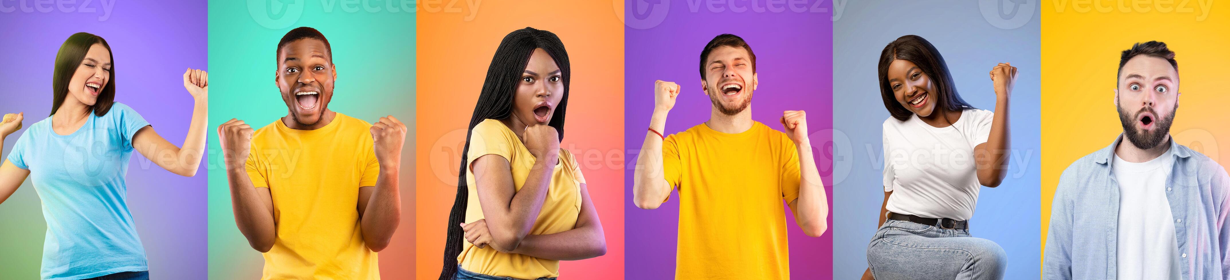 Collage of surprised and happy multiracial men and women clenching fists and celebrating success, posing over colorful gradient studio backgrounds, panorama photo