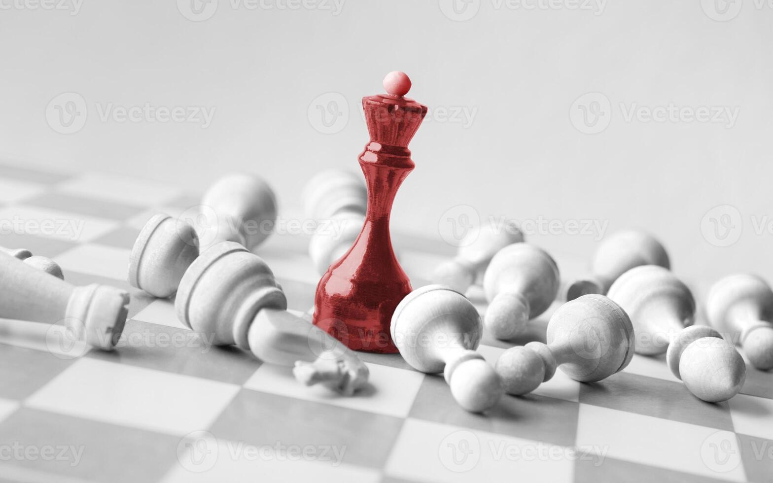Black chess queen beats whites on chessboard over white background. Win and success concept, copy space photo