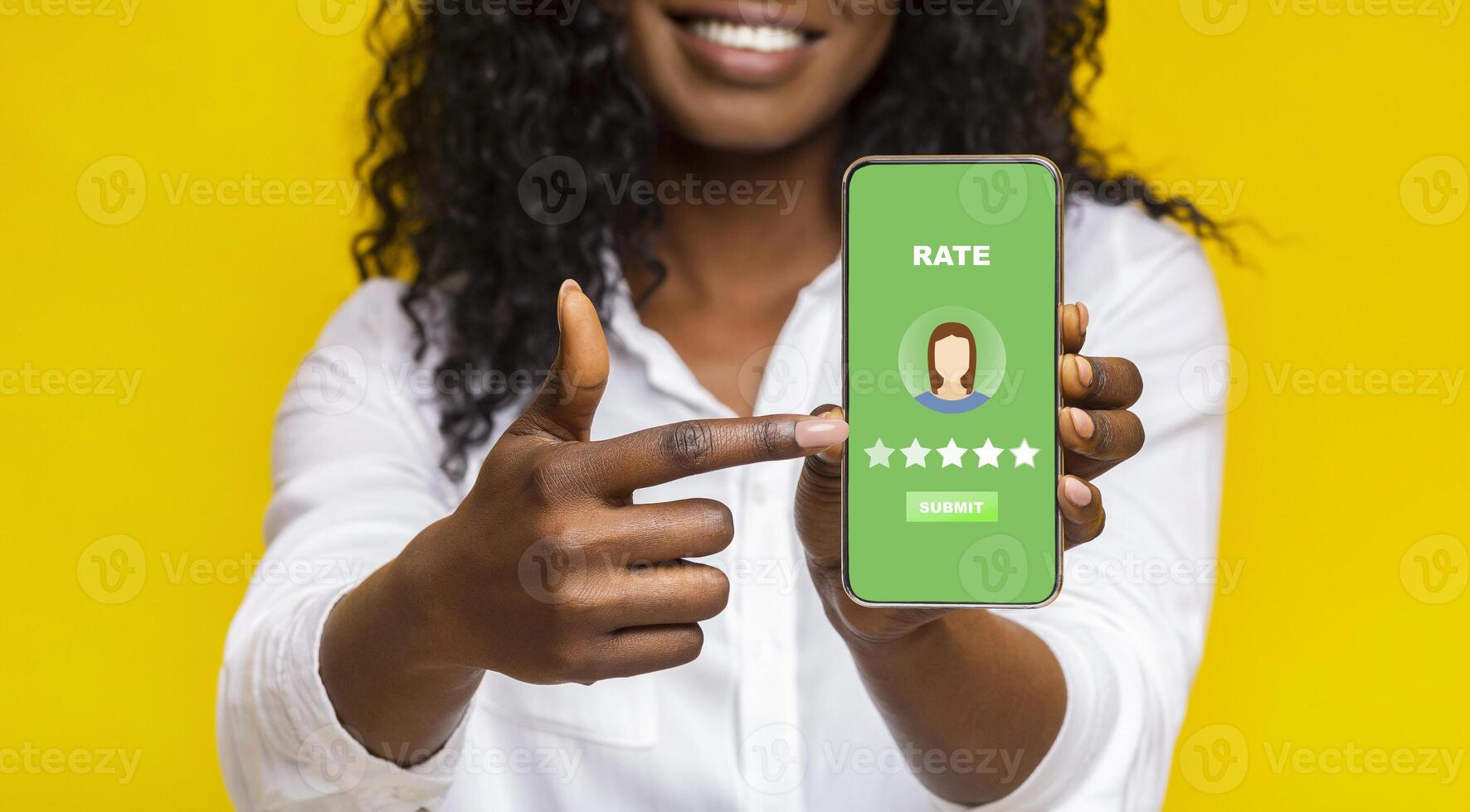 Customer Review Concept. Unrecognizable Black Woman Pointing At Smartphone With Rating Application On Screen, Yellow Studio Background, Panorama photo