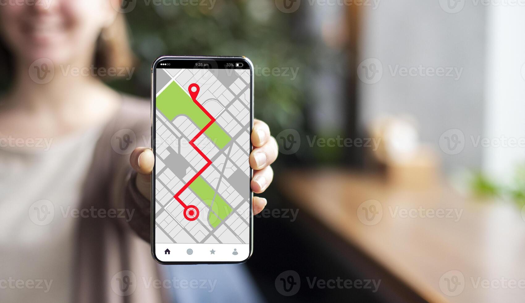 Smartphone With Opened Gps Navigation Online Maps On Screen In Female Hand. Unrecognizable Woman Using Modern Application For Planning Routes And Location Tracking, Creative Collage photo
