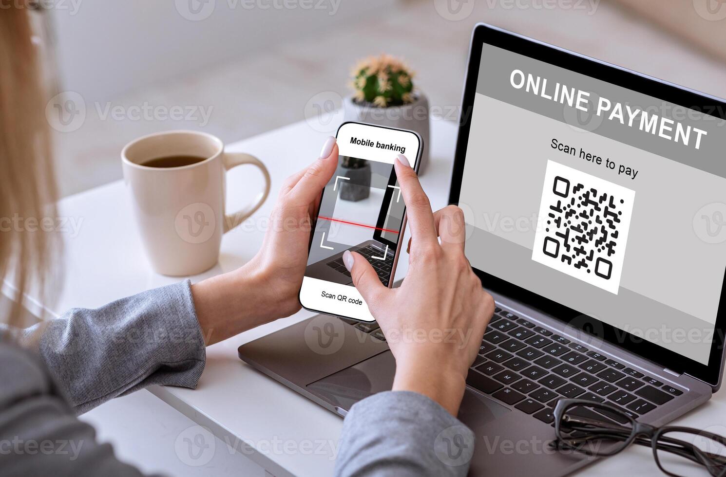 Unrecognizable business woman holding smartphone, scanning qr code from laptop screen, cropped. Closeup of mobile phone screen with bar code in female hands, paying for goods and services from office photo
