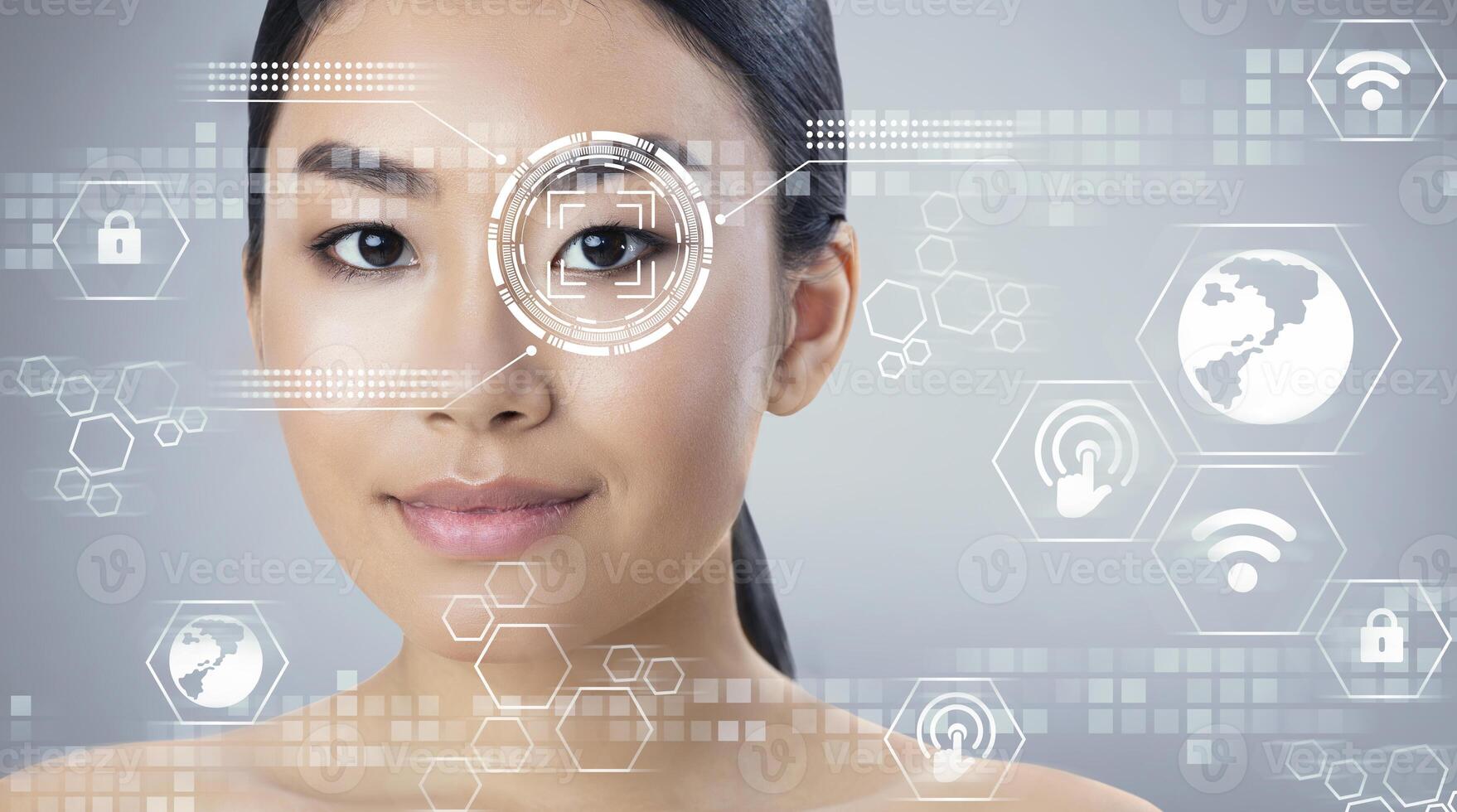 Biometric security check. Eye scanning of Asian woman, collage with information on transparent screen, free space. Panorama photo