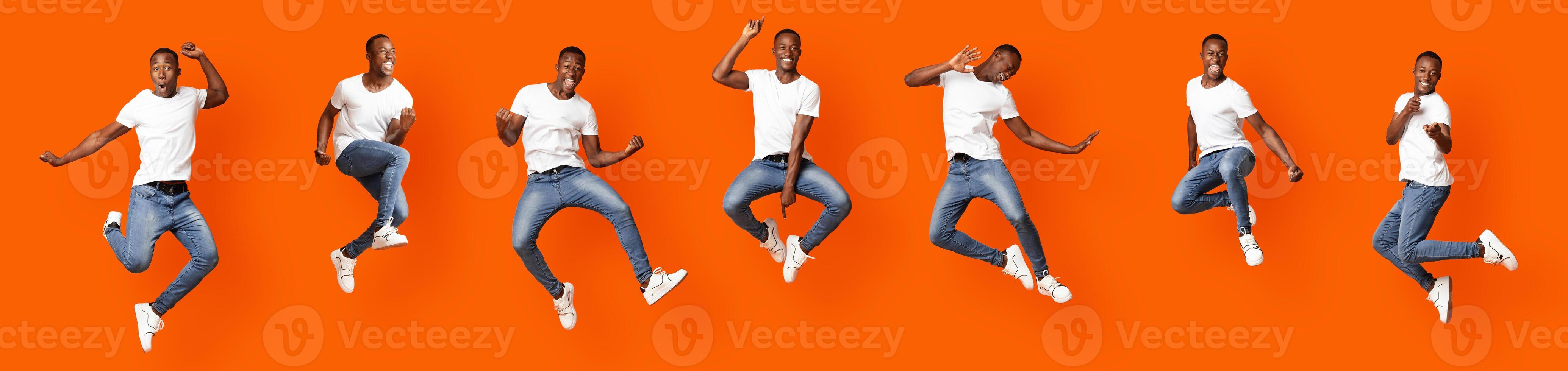 Collage of jumping in air stylish black guy on orange studio background, panorama. Carefree african american young man showing funny figures, jumping, running, dancing, fooling photo