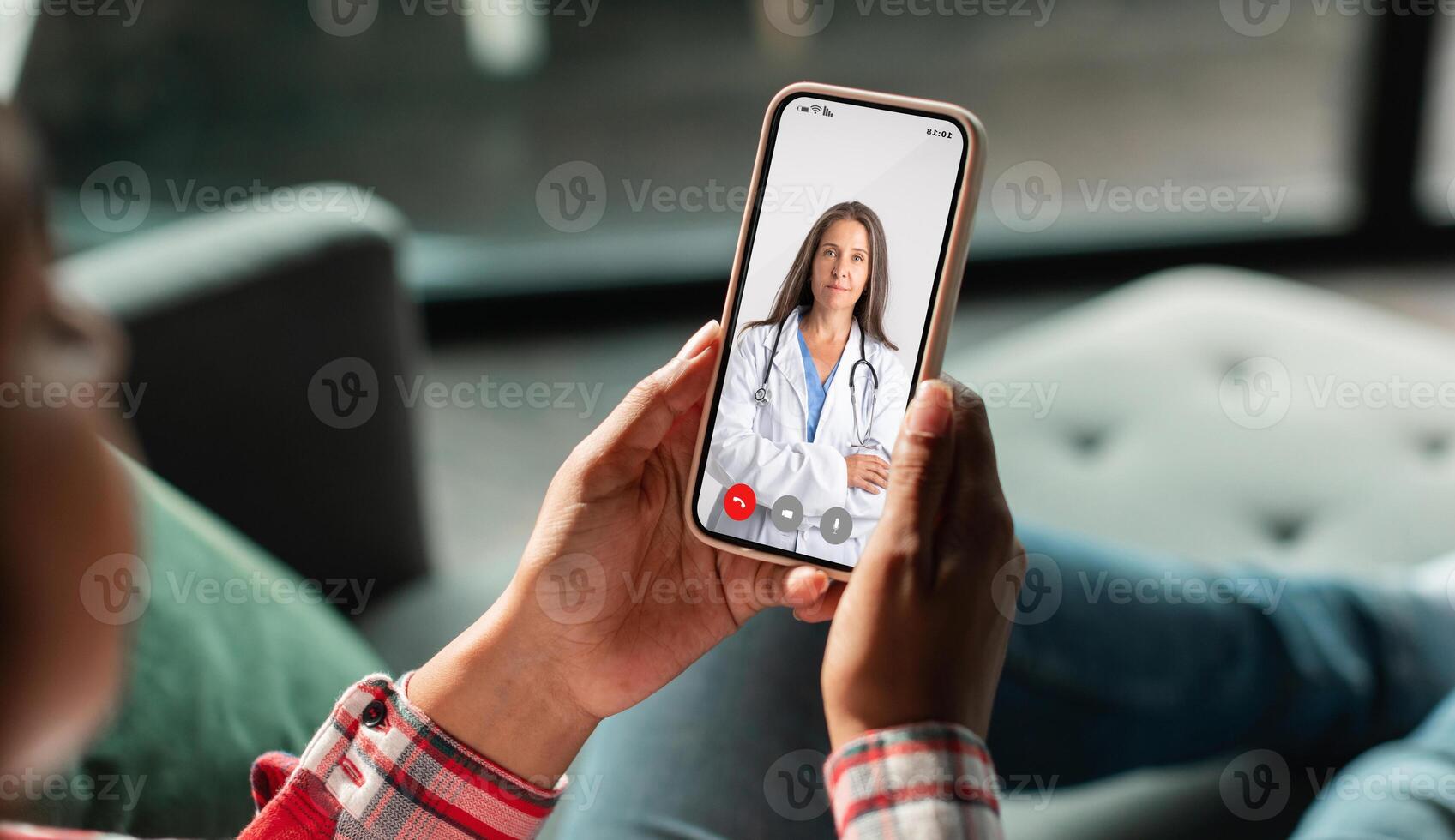 Telemedicine Concept. Unrecognizable Woman Using Smartphone, Making Conference With Her Therapist Doctor While Sitting On Couch At Home, Female Physician Consulting Patient Online, Collage photo