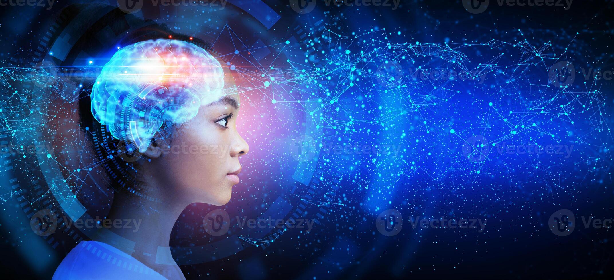 Artificial Intelligence Concept. Profile Portrait Of Black Woman With Illuminated Digital Brain Over Abstract Futuristic Background photo